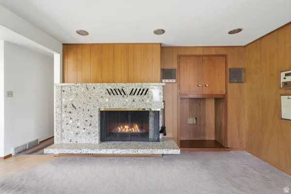 Mid-century fireplace with a speckled stone surround and hearth, featuring a black firebox