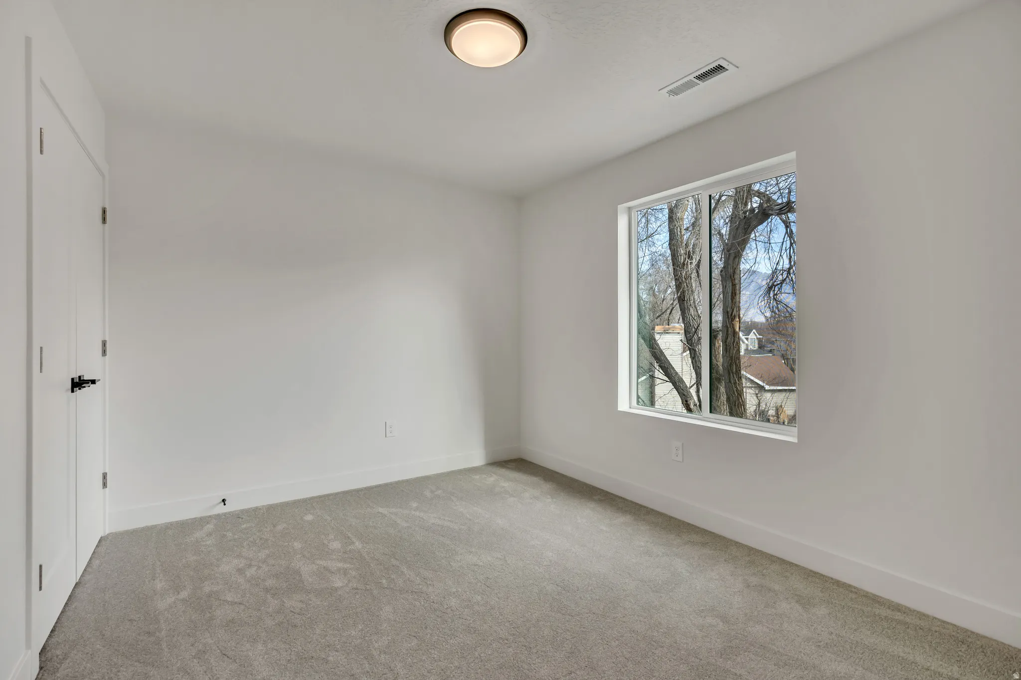 Bright interior space featuring a window with exterior visibility, light grey carpeting, white baseboards, and a flush-mount ceiling light fixture