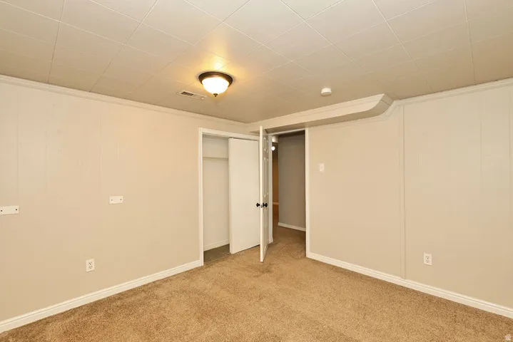 Carpeted interior space featuring panel walls, white baseboards, and a drop ceiling with integrated lighting