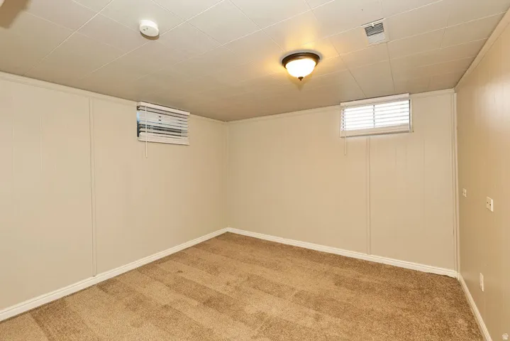 Carpeted room featuring light-toned paneling, a drop ceiling, and two transom-style windows with blinds