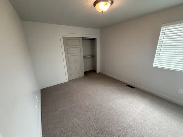 Carpeted room featuring a window with blinds, a ceiling-mounted light fixture, and a sliding closet door with a four-panel design