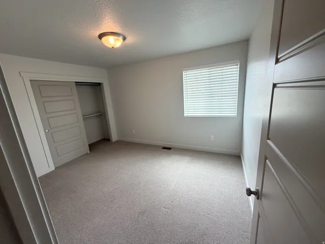 Carpeted room with neutral paint, featuring a window with horizontal blinds, a ceiling-mounted light fixture, and a closet with a sliding paneled door and built-in shelving