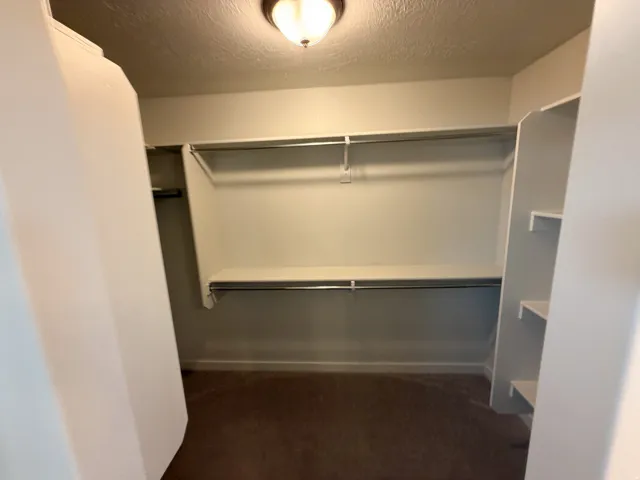 Walk-in closet featuring built-in shelving, two levels of hanging rods, and an overhead light fixture