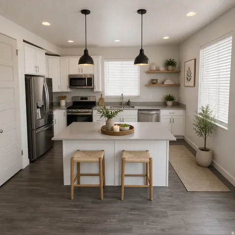 Kitchen featuring white cabinetry, stainless steel appliances, a center island with countertop seating, and wood-finish flooring