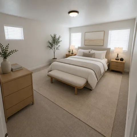 Spacious room featuring carpeting and neutral wall tones