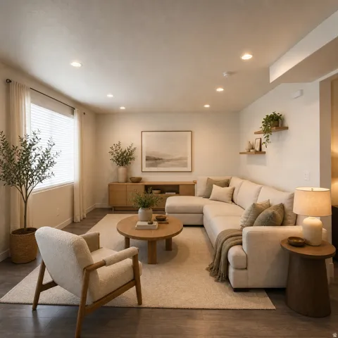Spacious living area featuring recessed lighting, dark wood-finish flooring, and a large window with privacy blinds and drapes