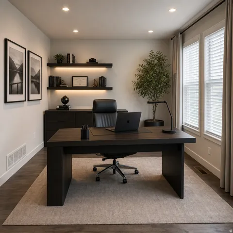 Dedicated office space featuring dark wood-finish flooring
