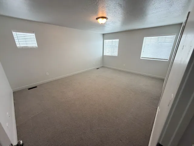 Spacious room featuring neutral carpeting, light-colored walls, and a ceiling-mounted light fixture
