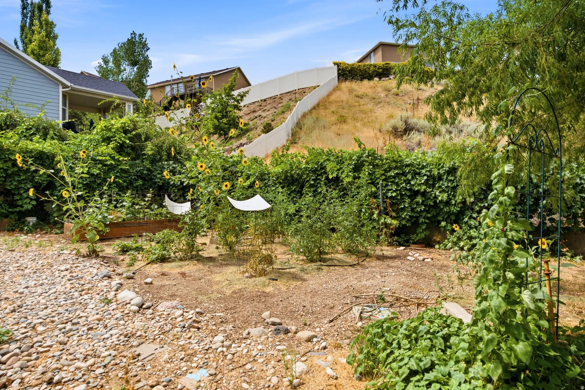 Terraced backyard featuring a raised garden bed, varied plantings, natural rock ground cover, and mature green foliage