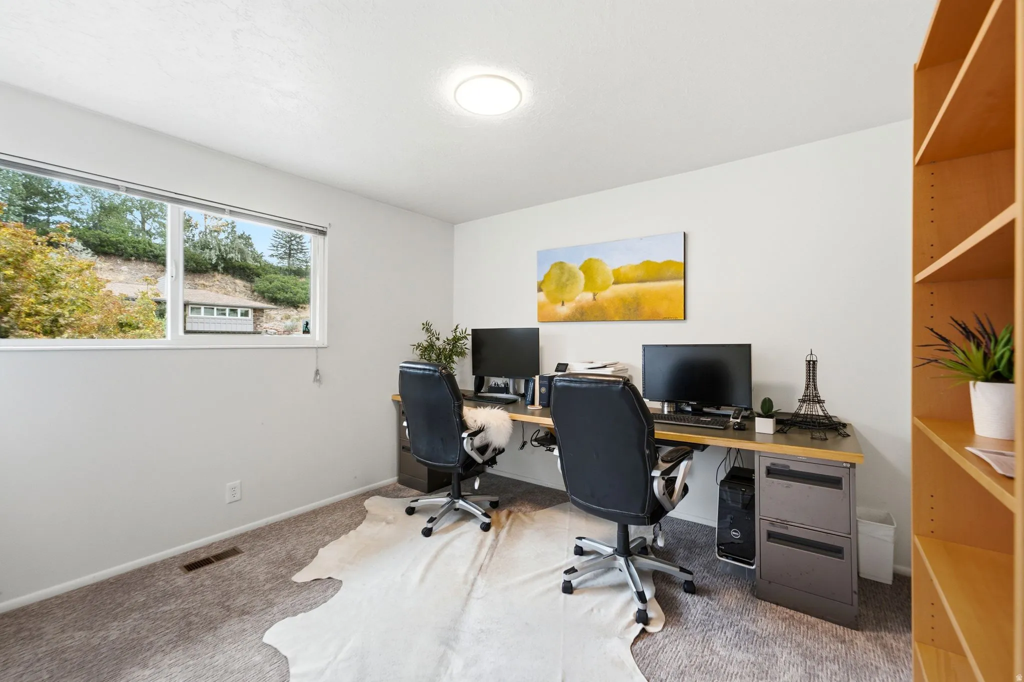 Carpeted room featuring a large window, integrated overhead lighting, and built-in wood-finish shelving