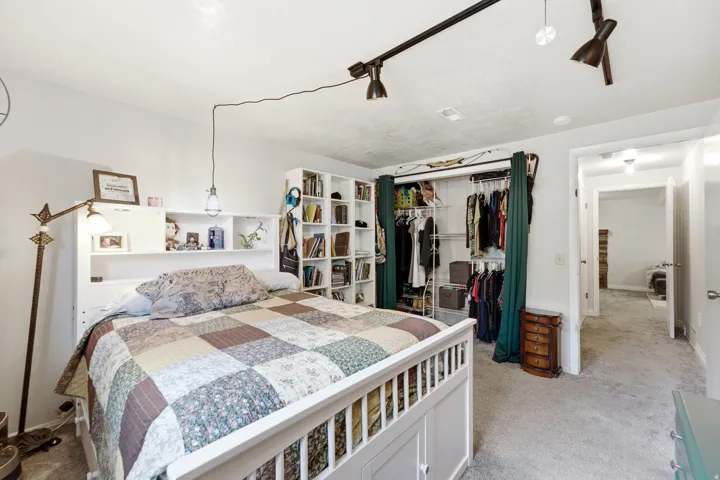 Carpeted room featuring track lighting and a built-in shelving unit