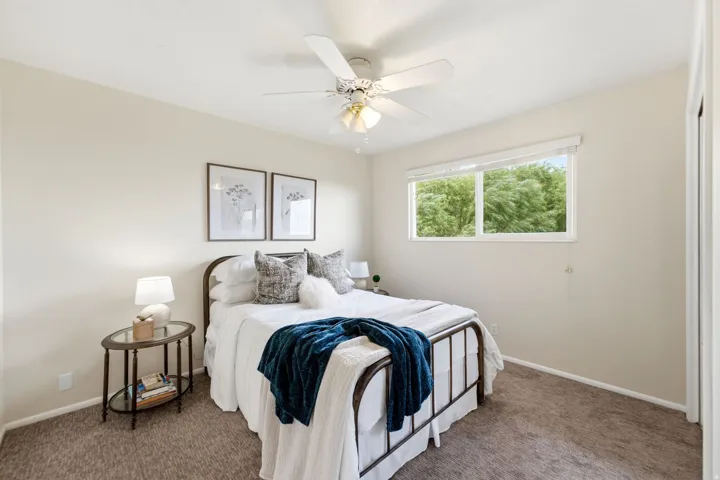 Carpeted room featuring a ceiling fan with integrated lighting, a window with a white frame, and light-colored wall paint