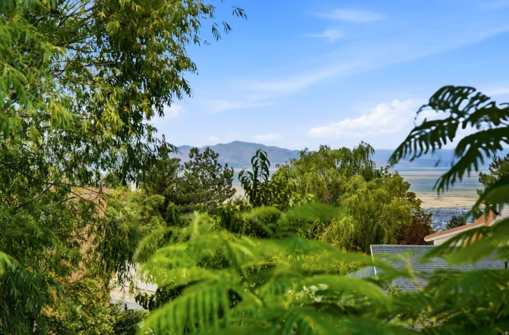 Expansive natural landscape with distant mountains, a large body of water, and surrounding greenery under a bright blue sky