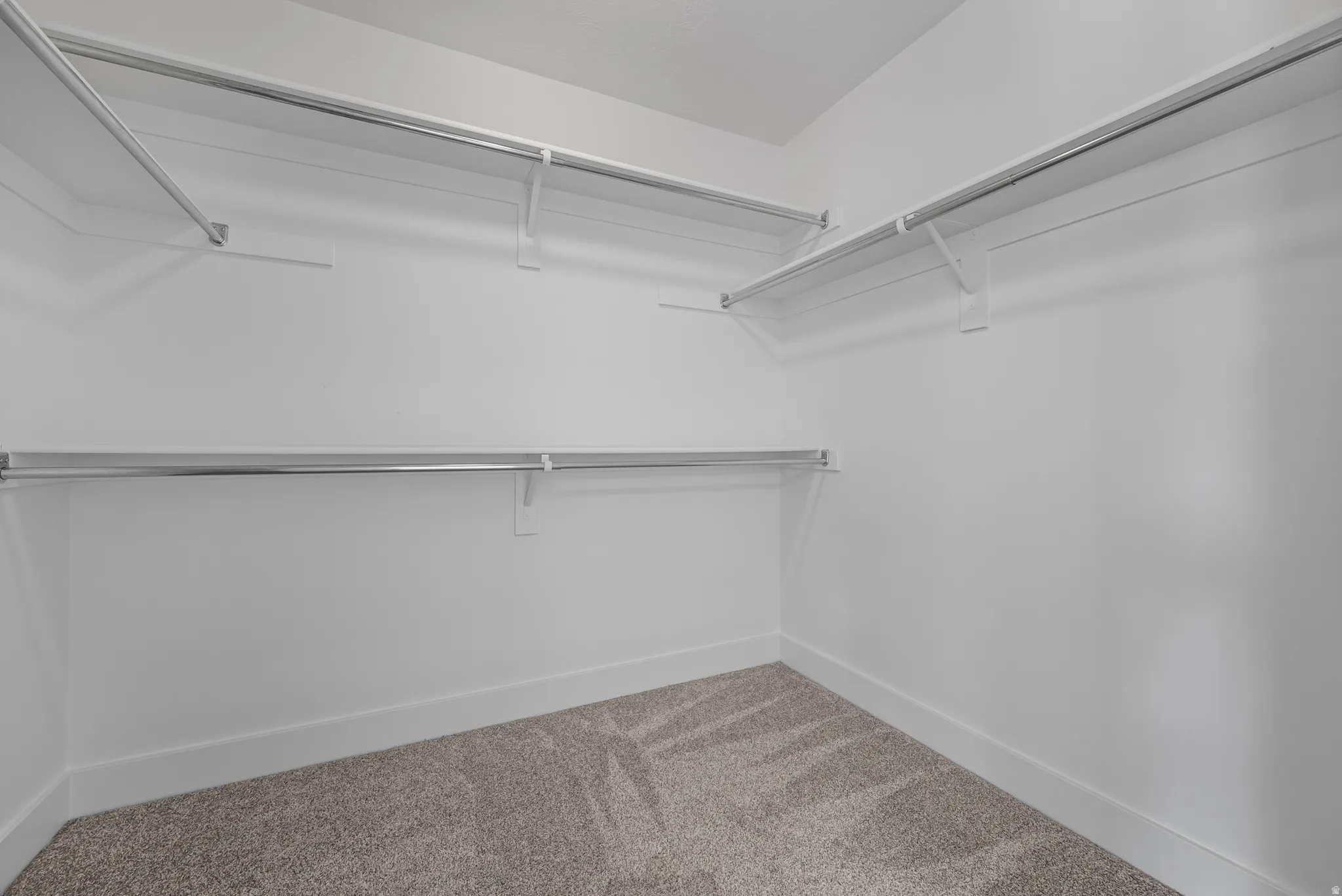Spacious walk-in closet featuring white shelving, chrome hanging rods, and neutral-toned carpeting