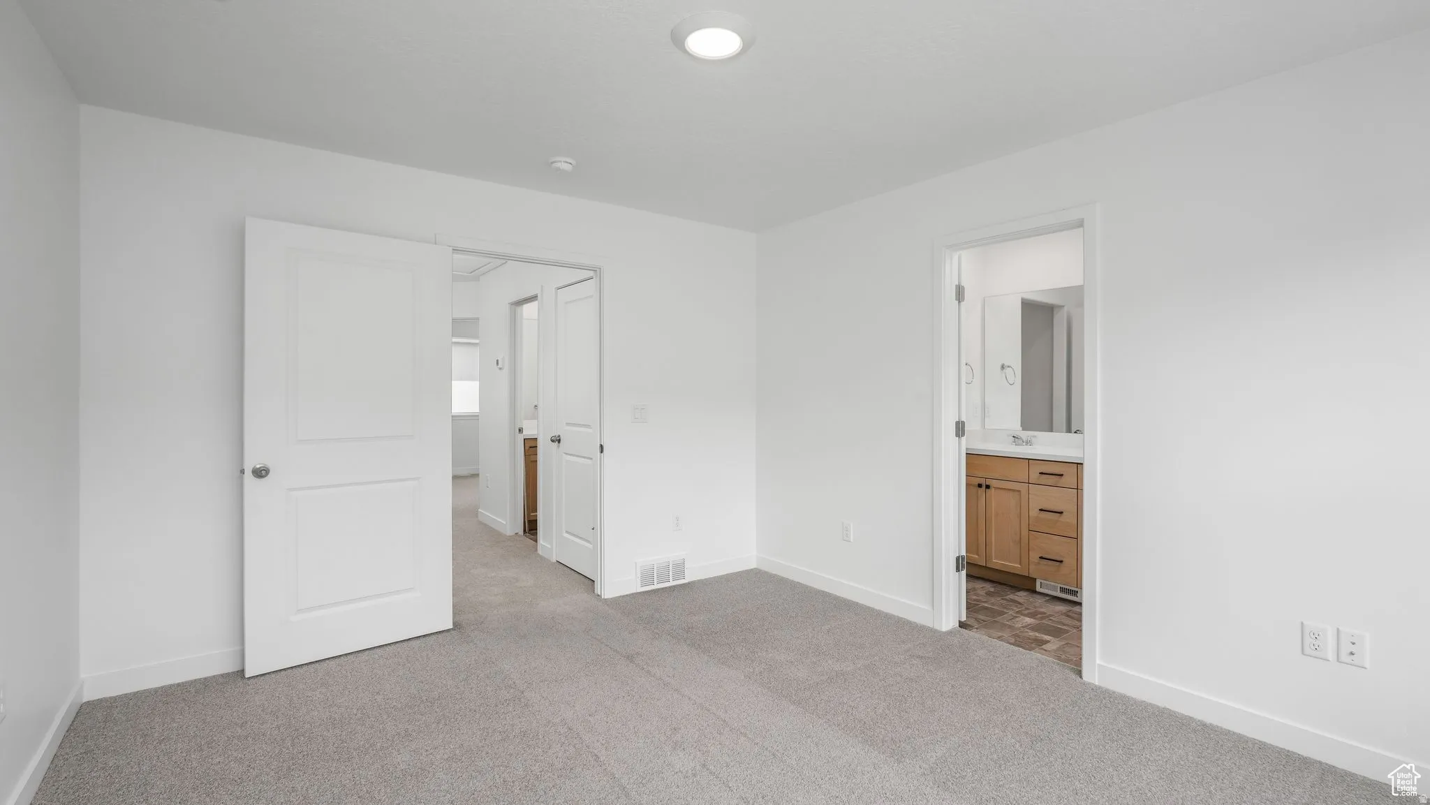 Bright room featuring light grey carpeting, white walls, and white trim