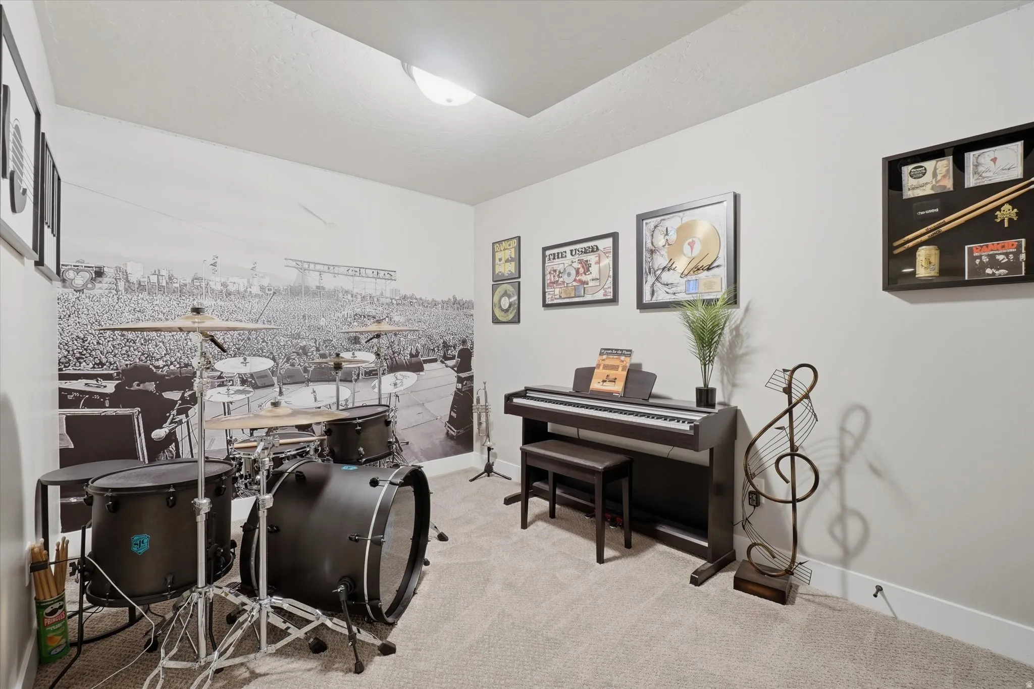 Carpeted room featuring a large wall mural, a built-in ceiling light, and light-toned wall finishes