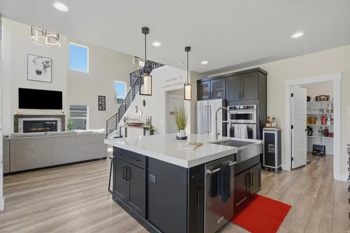 Central kitchen island with a farmhouse sink, stainless steel appliances, and a walk-in pantry