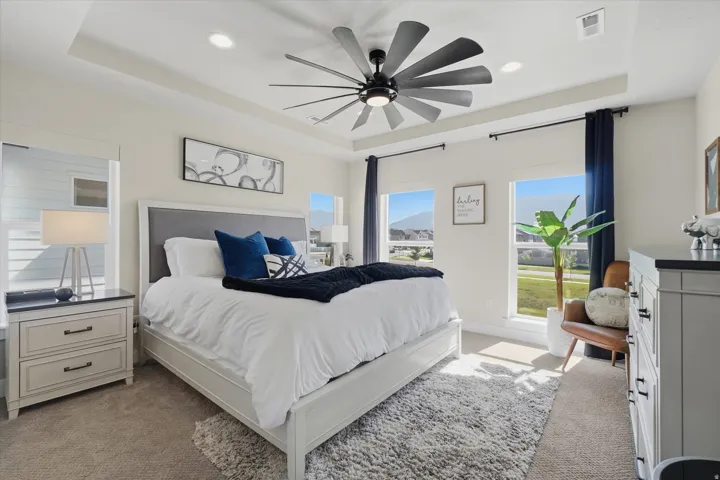 Spacious bedroom with a tray ceiling and recessed lighting, featuring carpet flooring and multiple windows