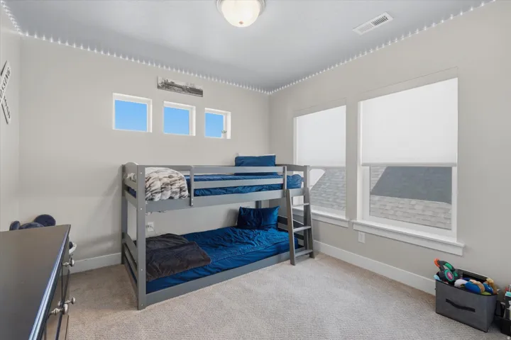Carpeted room featuring a ceiling-mounted light fixture, multiple windows with roller shades, and a built-in air vent