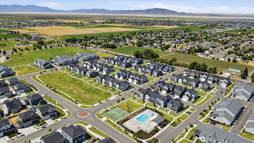 Aerial perspective showcasing a residential community with a variety of home styles