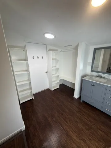 Wood-finish flooring throughout, complemented by a vanity with a white countertop and rectangular undermount sink