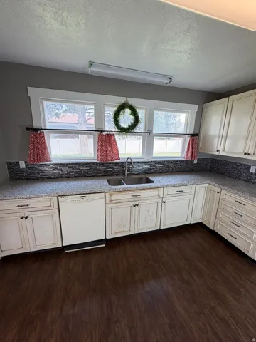 Kitchen featuring wood-finish flooring, white cabinetry, a double basin sink, and a dishwasher