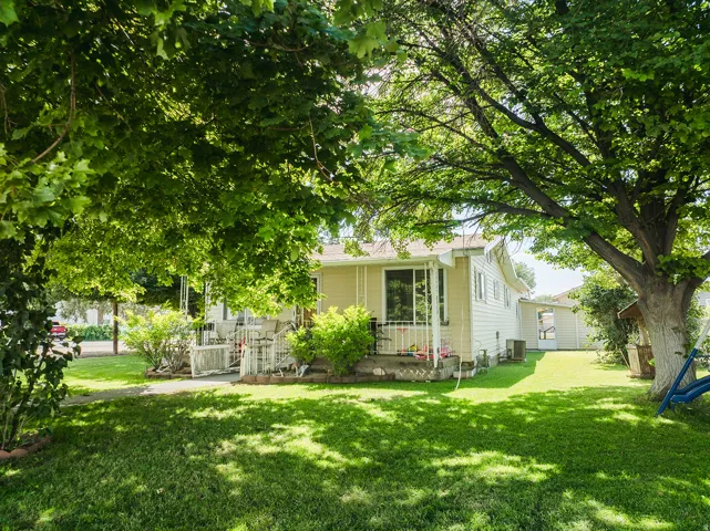 Manicured lawn framed by mature trees