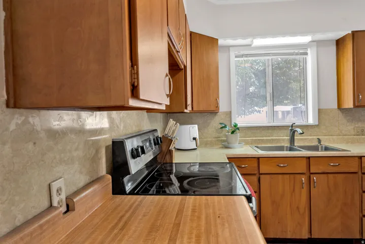Kitchen featuring wood cabinetry, a dual basin stainless steel sink, a black electric range, and a window with outdoor scenery