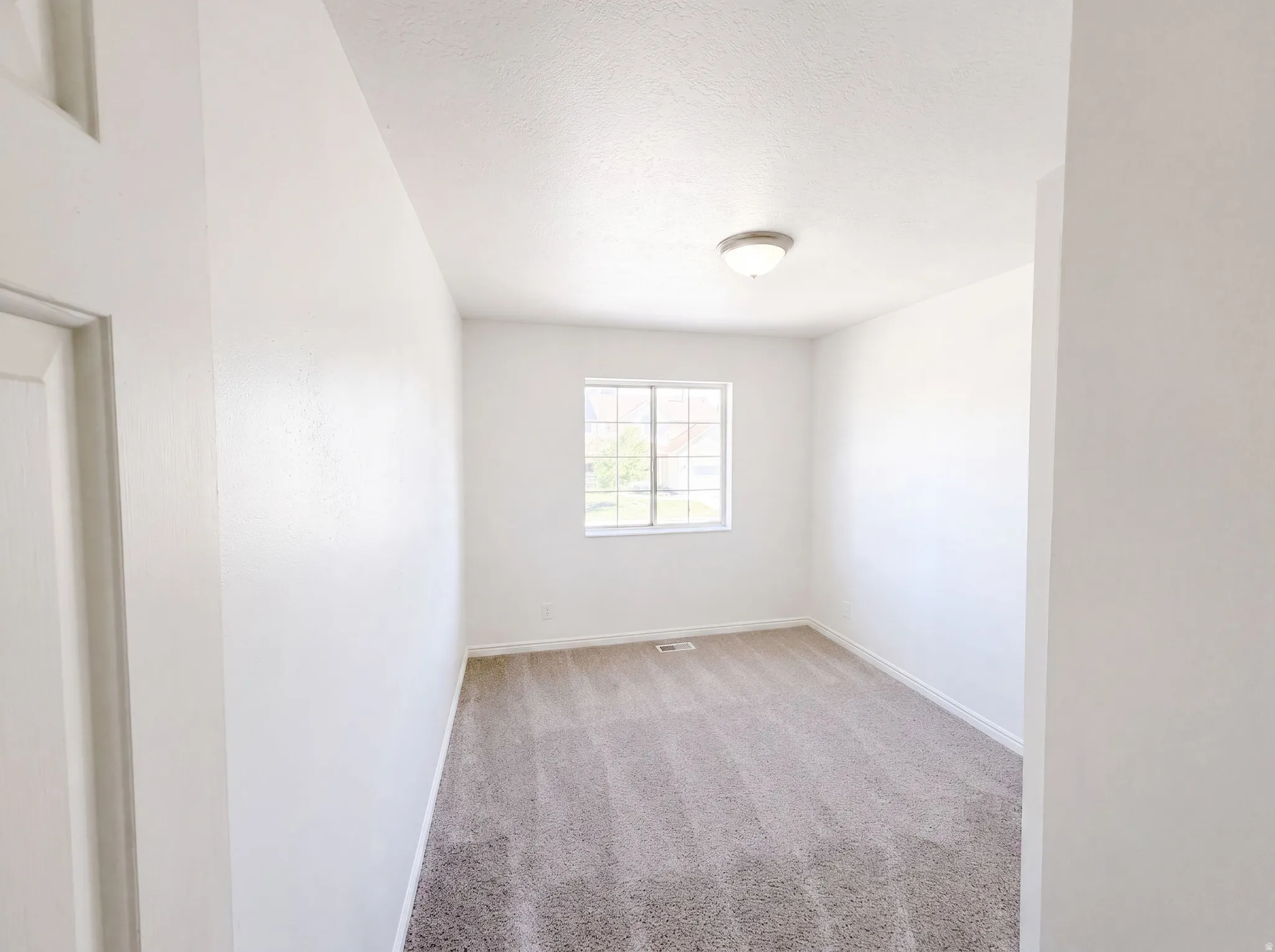 Carpeted interior room featuring a window with grid detailing, white trim, and a flush mount ceiling light fixture