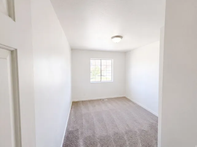 Carpeted interior room featuring a window with grid detailing, white trim, and a flush mount ceiling light fixture