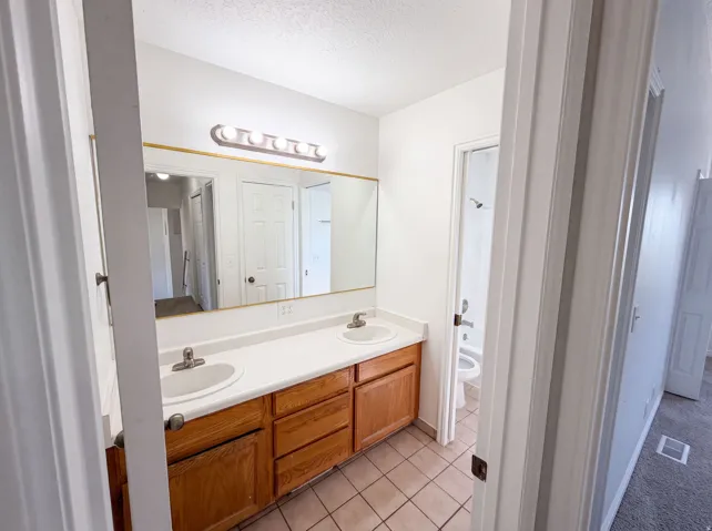 Bathroom featuring a dual vanity with light-tone wood cabinetry, white countertops, and integrated sinks