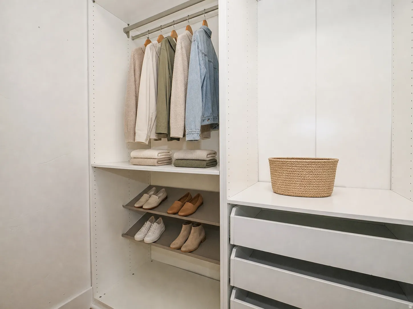 Built-in closet system featuring white cabinetry, integrated hanging rods, adjustable shelving, and pull-out drawers