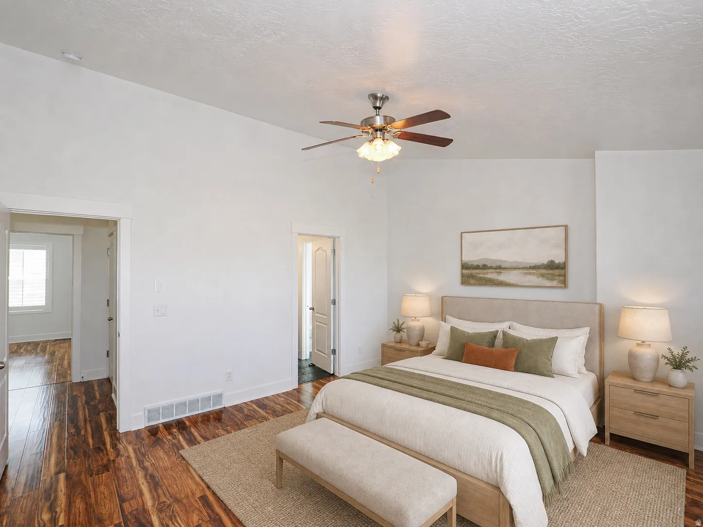 Vaulted ceiling featuring a ceiling fan with light fixture