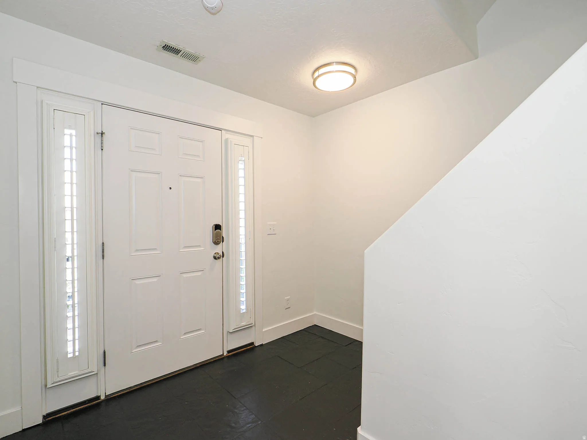 Entryway featuring a paneled door with sidelights, dark flooring, and a flush mount ceiling light