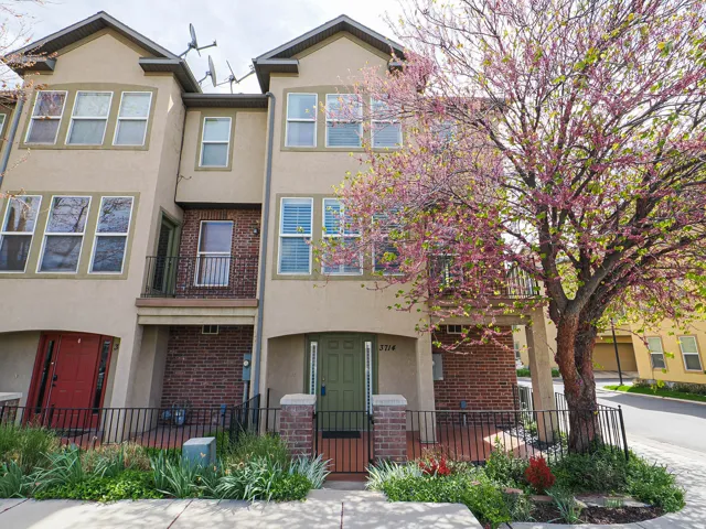 Multi-level townhome featuring a stucco and brick facade with a prominent flowering tree at the front