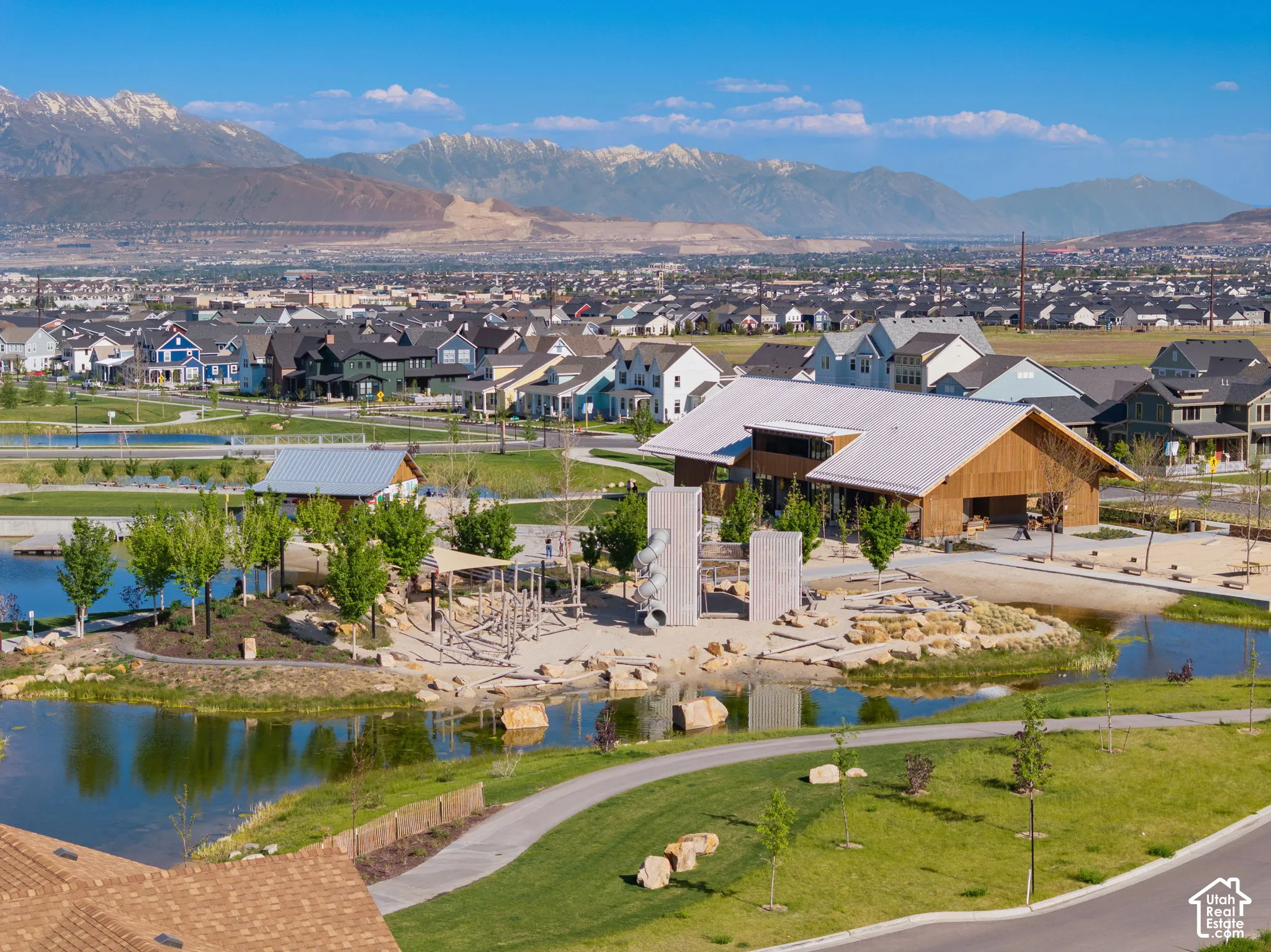 Community recreation center featuring a modern architectural design with wood siding and a metal roof