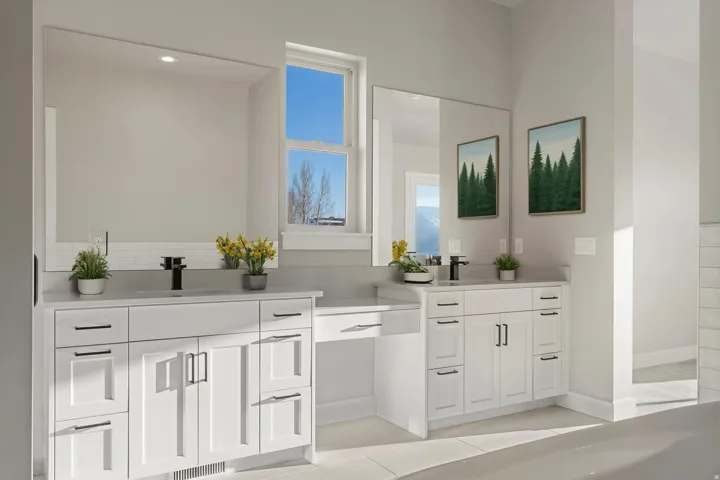 Dual vanity with white cabinetry, matte black fixtures, and light-toned countertops