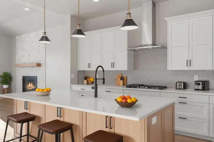 Modern kitchen featuring an expansive island with a light-toned wood finish, white shaker-style cabinetry, and a subway tile backsplash