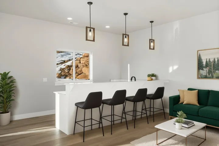 Wood-finish flooring, white walls, and a built-in counter with a sink