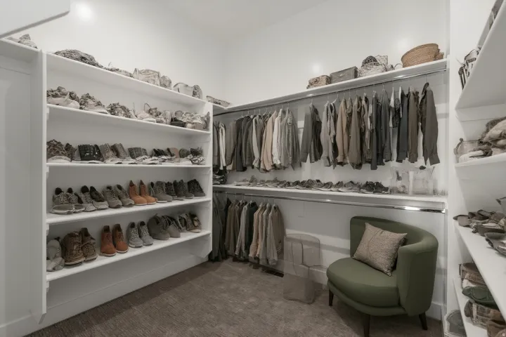 Luxurious walk-in closet featuring custom white cabinetry with dedicated shoe display shelving, extensive hanging rod systems for garment organization, neutral finishes throughout, and a curved seating accent in olive upholstery