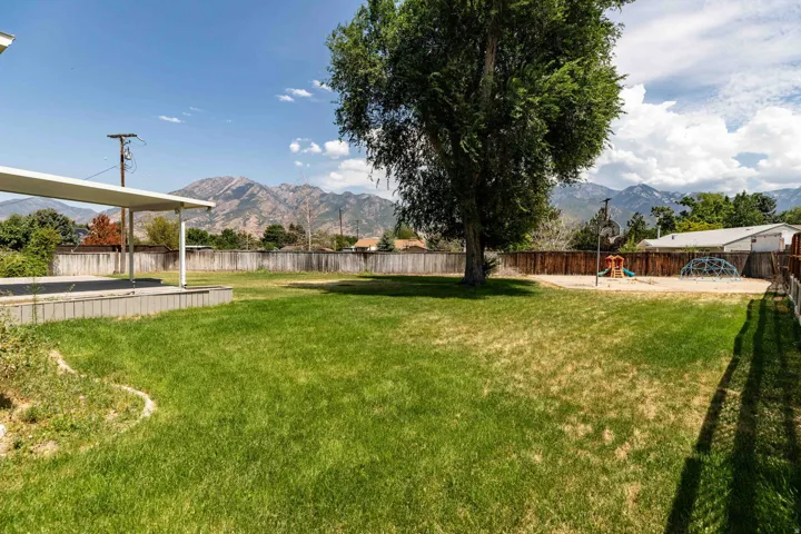 Expansive backyard featuring a large tree, a covered patio, and a wood fence enclosing the perimeter