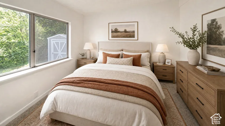 Bedroom featuring a large window, light-colored walls, and carpeting
