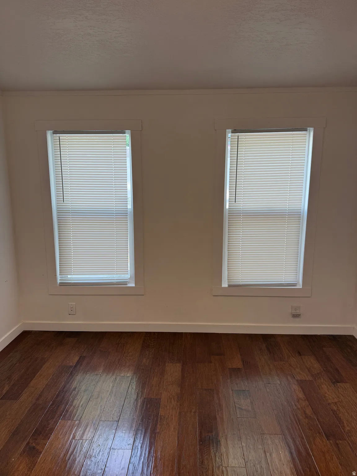 Hardwood-finish flooring featuring two windows with horizontal blinds, white baseboards, and neutral wall tones