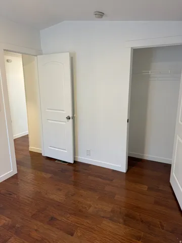 Interior space featuring wood-finish flooring, white walls, and a recessed closet with wire shelving