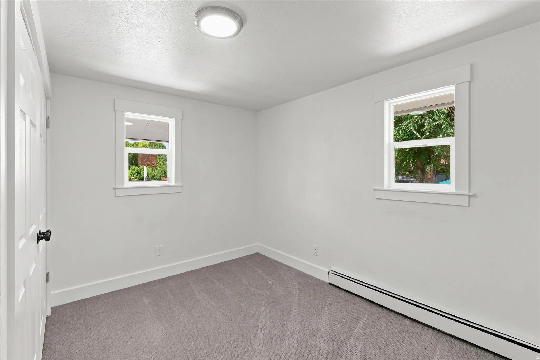 Room with light gray carpeting, crisp white walls, and bright white trim