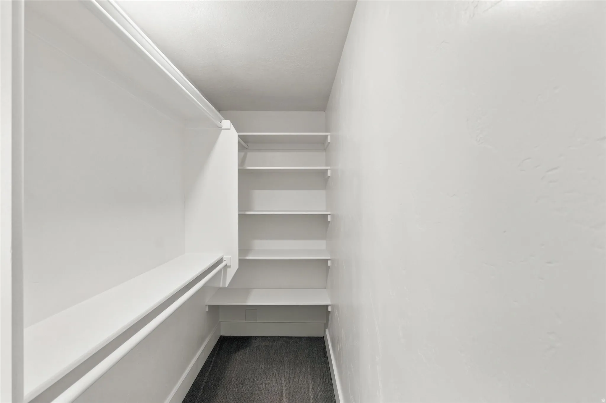 Walk-in closet featuring built-in shelving, hanging rods, clean white walls, and wood-finish flooring