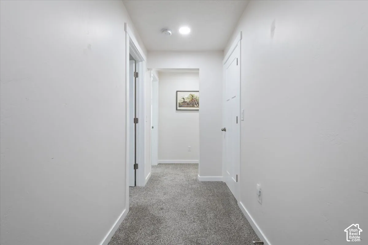 Hallway featuring light gray carpeting, white painted walls, and white trim