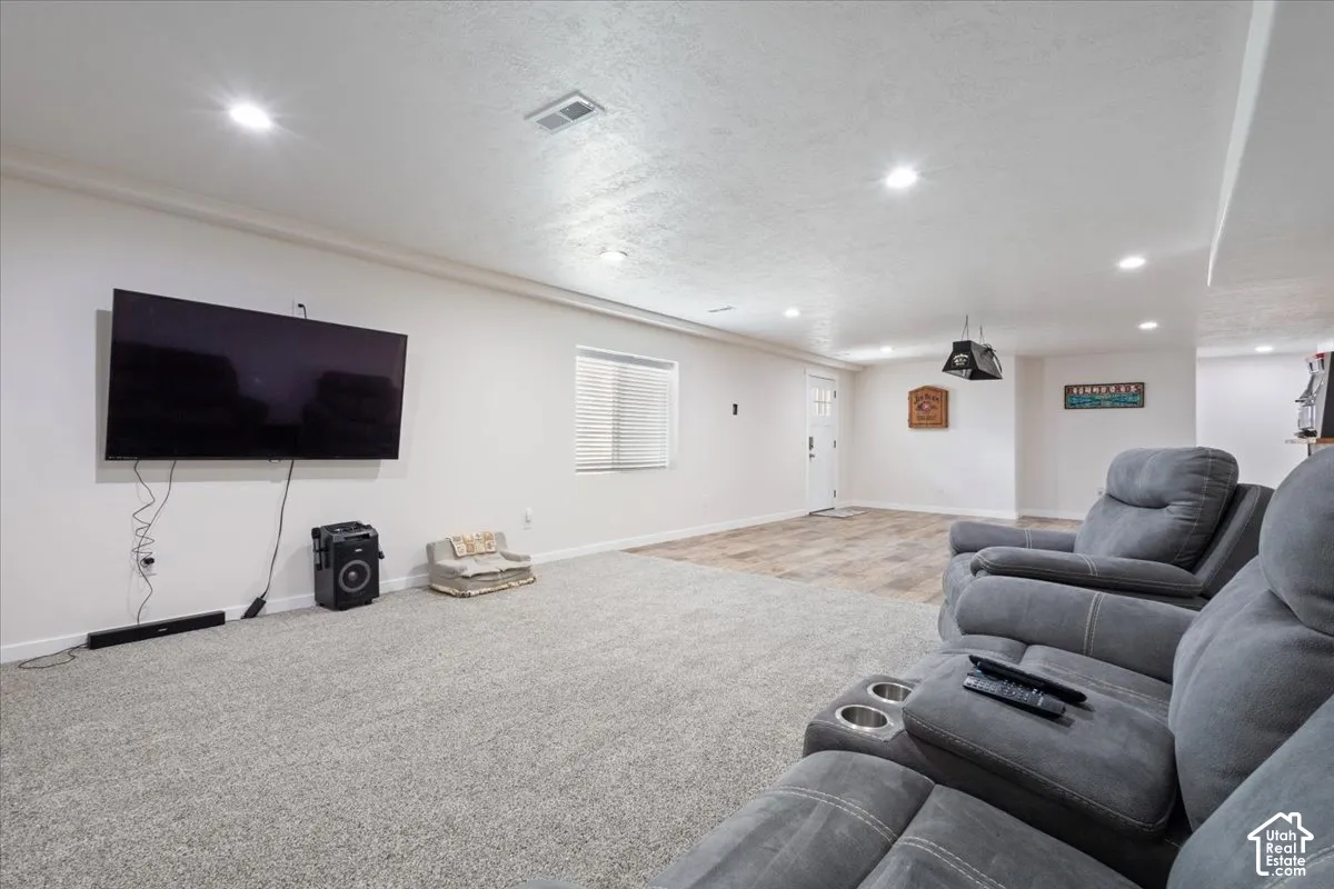 Spacious entertainment area featuring carpeted and wood-finish flooring