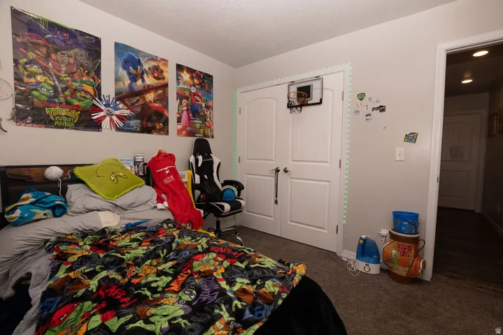 Bedroom featuring light gray walls, gray carpet flooring, and white bi-fold closet doors