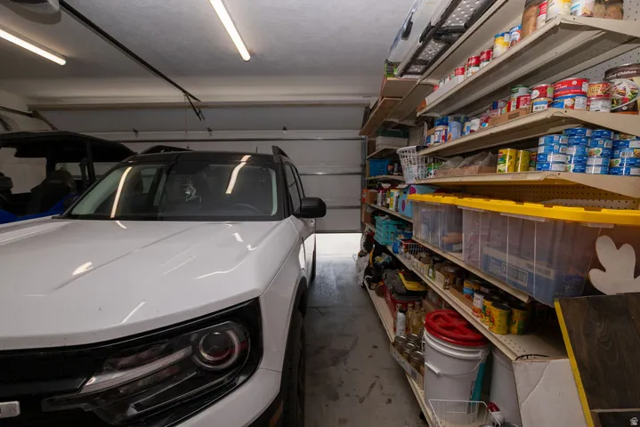Garage interior featuring fluorescent lighting, a roll-up garage door, and extensive built-in shelving
